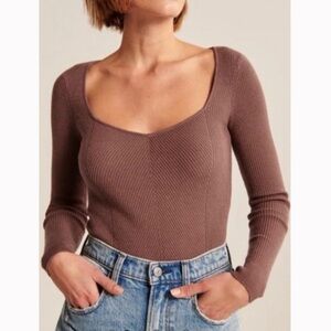 A&F Soft Collection Brown Ribbed Long Sleeve Sweetheart Knit Top